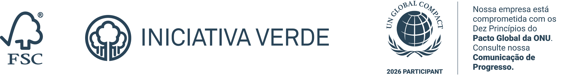 Logos de parcerias institucionais: FSC, Iniciativa Verde e Pacto Global Rede Brasil